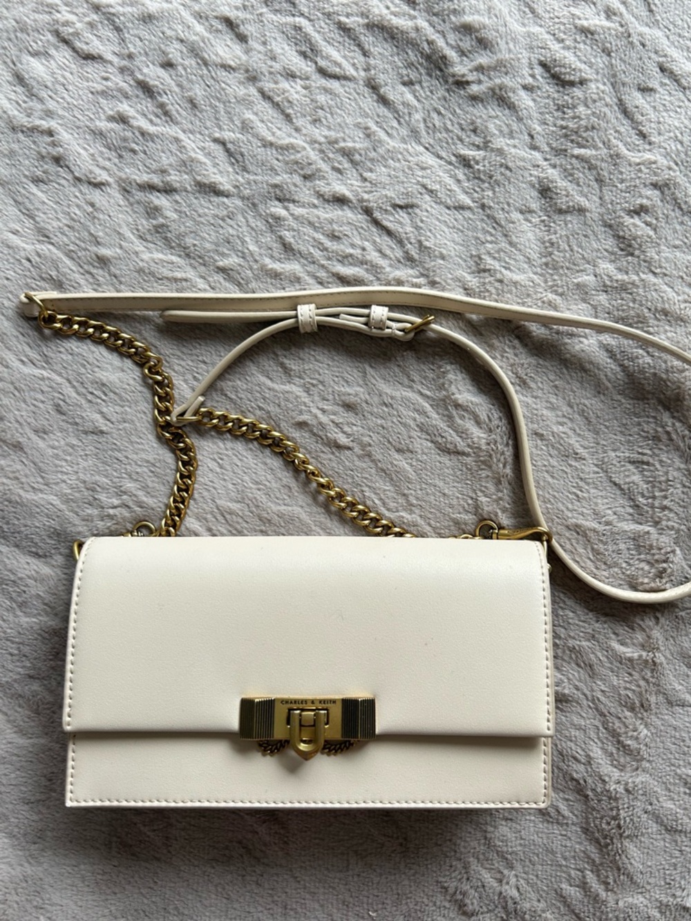 Charles & Keith Ivory Leather Crossbody with Gold Chain